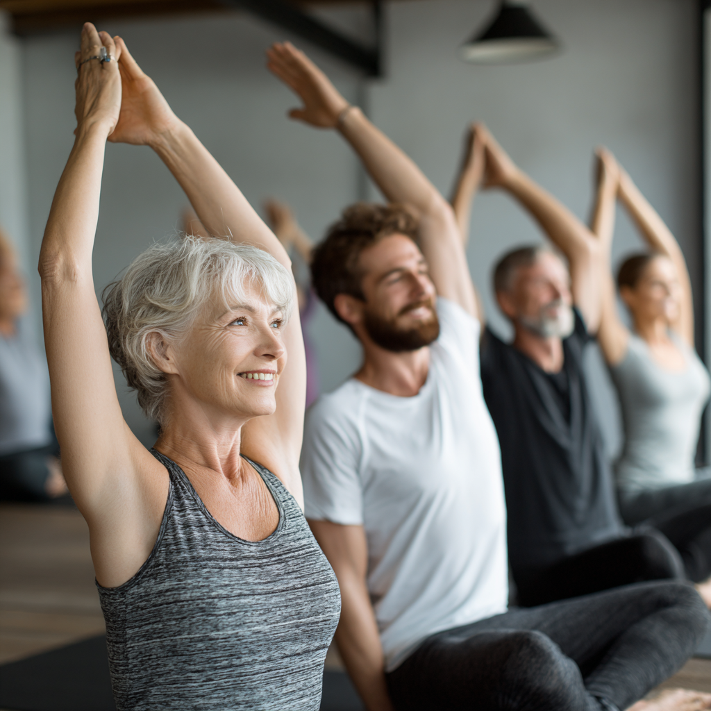 Ukrainian adults of various ages practicing mindful breathing exercises in a peaceful indoor setting, looking relaxed and focused