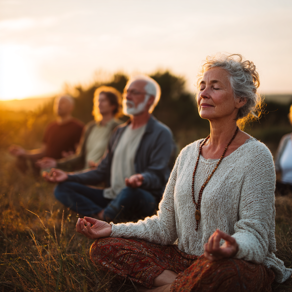 Ukrainian adults in a serene meditation pose during sunset, showing peaceful expressions and relaxed postures